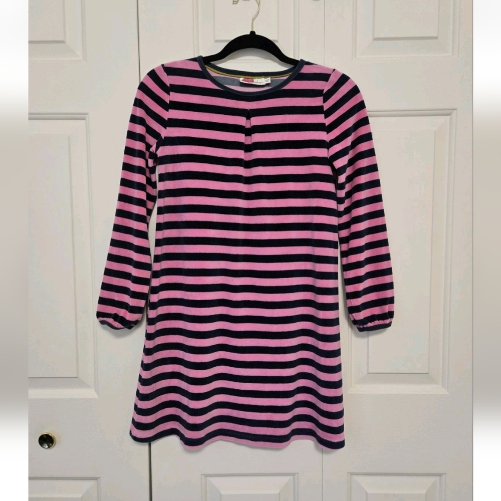 Mini Boden Girls 11-12 Years Pink And Blue Velour Striped Dress 152cm Size